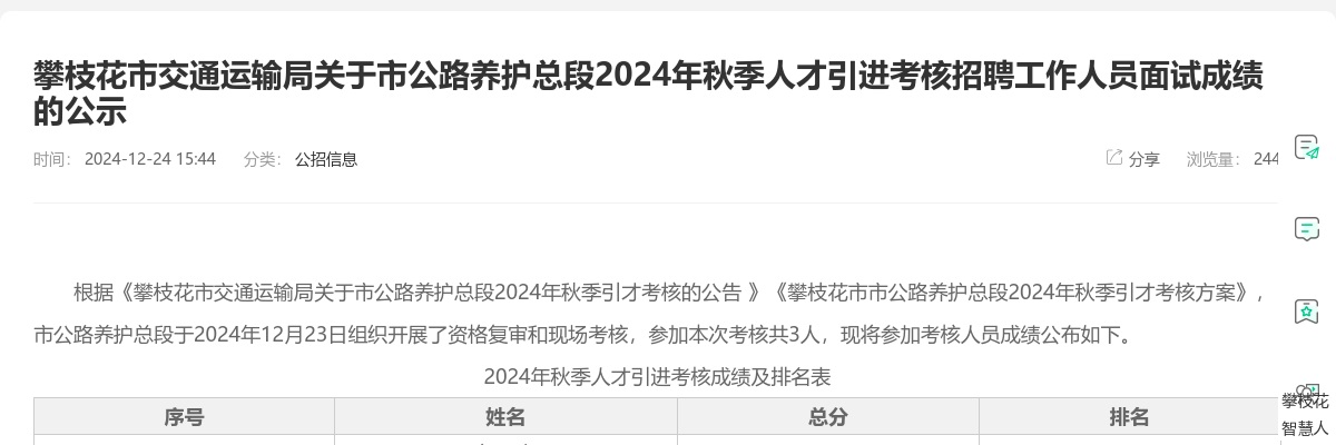 攀枝花市交通运输局关于市公路养护总段2024年秋季人才引进考核招聘工作人员面试成绩的公示 图片