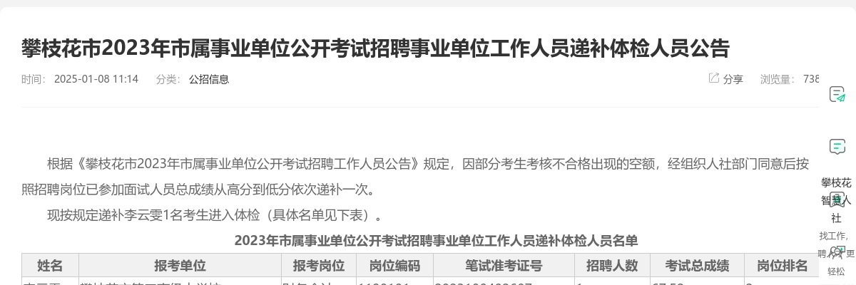 攀枝花市2023年市属事业单位公开考试招聘事业单位工作人员递补体检人员公告 图片