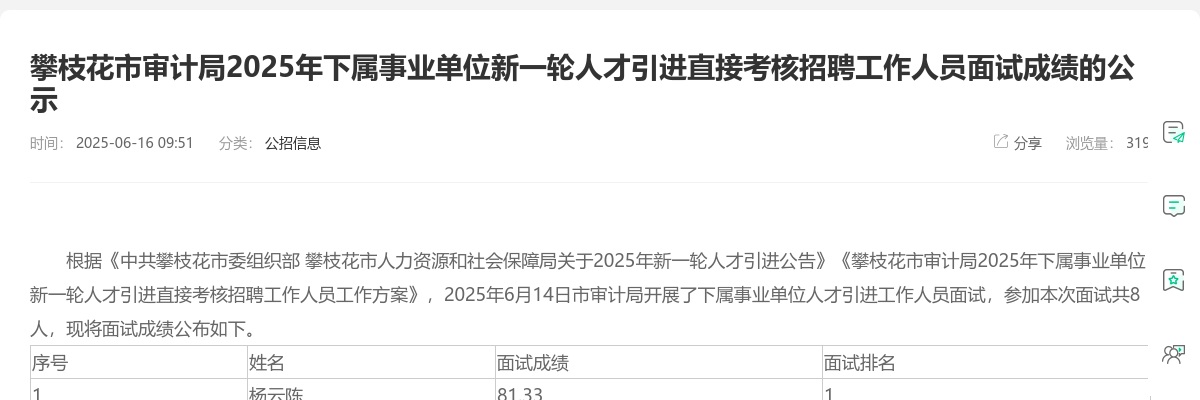 攀枝花市审计局2025年下属事业单位新一轮人才引进直接考核招聘工作人员面试成绩的公示 图片