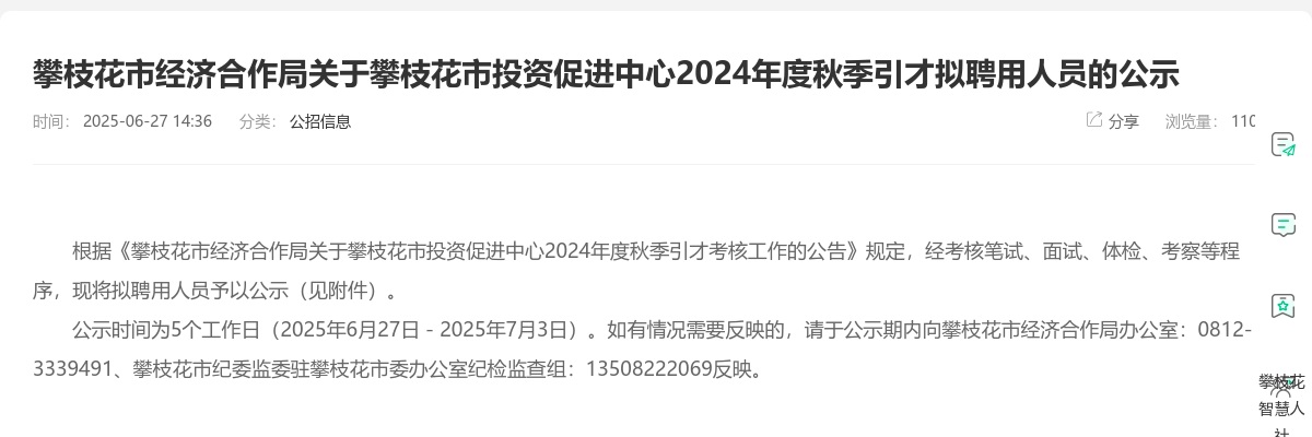 攀枝花市经济合作局关于攀枝花市投资促进中心2024年度秋季引才拟聘用人员的公示 图片