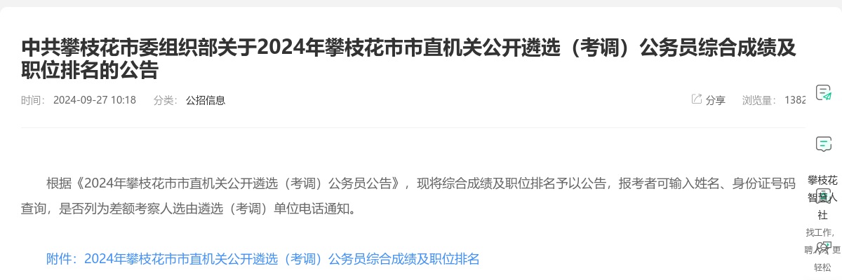 攀枝花市卫生健康委员会关于攀枝花市第四人民医院2024年秋季引才考核招聘考核成绩及排名的公告 图片