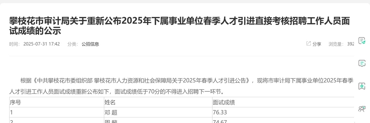 攀枝花市审计局关于重新公布2025年下属事业单位春季人才引进直接考核招聘工作人员面试成绩的公示 图片