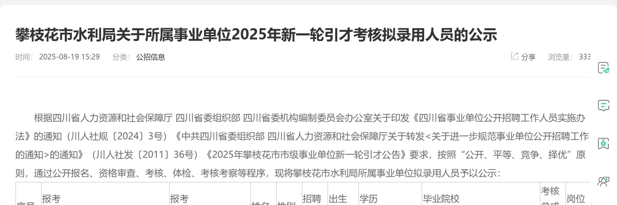 攀枝花市水利局关于所属事业单位2025年新一轮引才考核拟录用人员的公示 图片