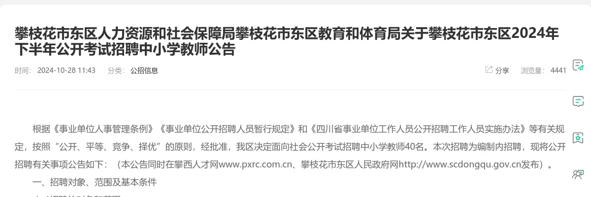攀枝花市东区2024年下半年公开考试招聘中小学教师公告（40人） 图片